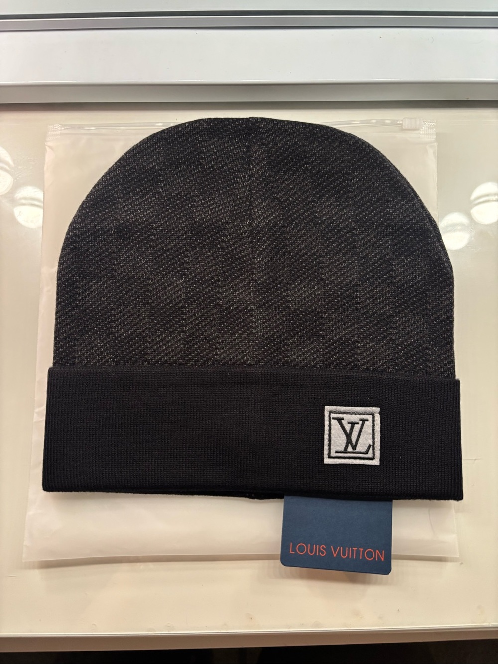 Louis Vuitton Black and Charcoal Knit Beanie with LV Patch